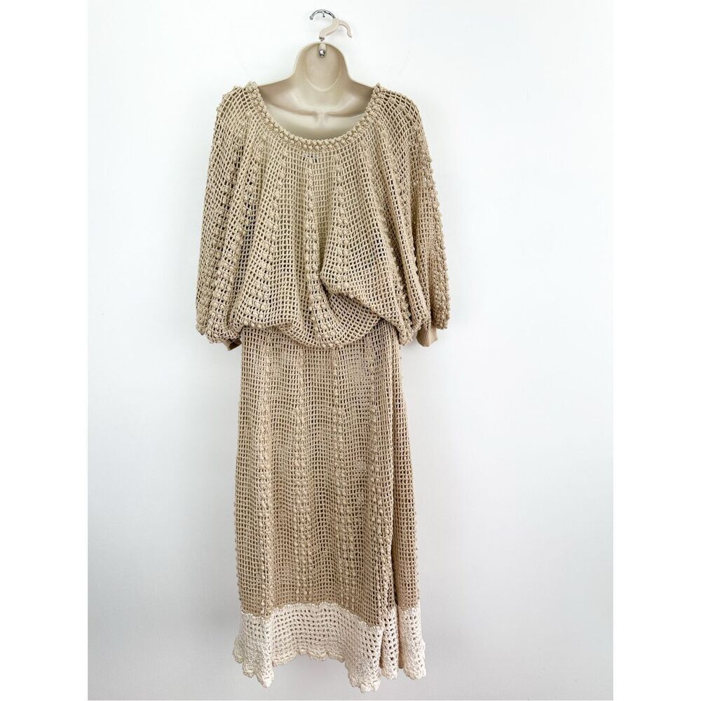 J.M. Pink Women’s Vintage Tan Cream Crochet Open Knit Two Piece Dolman Sleeve Ma - Picture 2 of 14